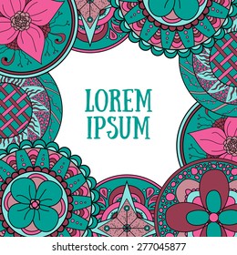 Retro mandala frame. Hand drawn doodle background with place for text. Oriental Indian zentangle frame. Good for card, invitation, banner, baby shower, spa, wedding, party. Vector illustration