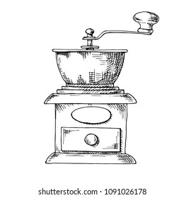 Retro manual coffee grinder or mill sketch in vintage style. 