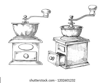 Retro manual coffee grinder or mill sketch in vintage style. 