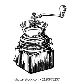 Molinadora de café manual retro. Molino de café. Estilo de esbozo dibujado a mano. Ilustración de grabado vectorial negro vintage para etiqueta, web. Aislado sobre fondo blanco. Estilo de grabado de dibujo manual