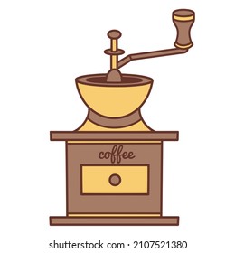 Icono del vector del molino de café manual retro. Ilustración de color dibujada a mano aislada sobre fondo blanco.Herramienta de cocina para moler granos de café. Concepto plano de decoración, diseño de menús, café, bar, tienda, web
