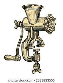 Retro manual meat mincer. Vintage kitchen grinder with handle. Sketch vector illustration