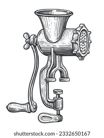 Retro manual mechanical meat grinder. Vintage kitchen equipment sketch. Engraved vector illustration