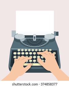 Retro manual typewriter with printing hands of writer and sheet of paper. Vector flat illustration. Vintage background. Concept of blogging, book creating, journalism, storytelling, copywriting