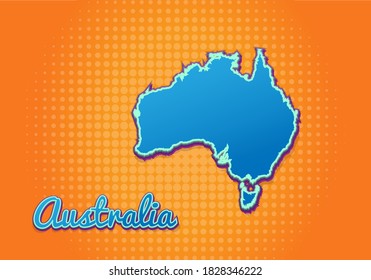 Retro map of australia with halftone background. Cartoon map icon in comic book and pop art style. Cartography business concept. Great for kids design,educational game,magnet or poster design.