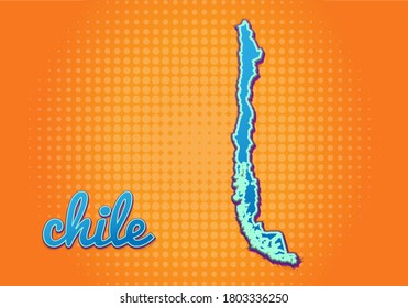 Mapa retro de chile con fondo de medio tono. Icono de mapa de dibujos animados en el estilo del libro de historietas y el arte pop. Concepto de negocio de la cartografía. Ideal para el diseño de niños, juegos educativos, imán o diseño de afiches.