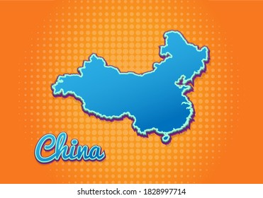 Retro map of china with halftone background. Cartoon map icon in comic book and pop art style. Cartography business concept. Great for kids design,educational game,magnet or poster design.