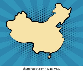 retro map of China. stylized map. drawn China. pop art concept. 