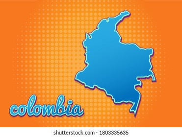 Retro map of colombia with halftone background. Cartoon map icon in comic book and pop art style. Cartography business concept. Great for kids design,educational game,magnet or poster design.
