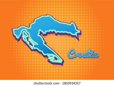 Retro map of croatia with halftone background. Cartoon map icon in comic book and pop art style. Cartography business concept. Great for kids design,educational game,magnet or poster design.