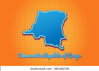 Retro map of Democratic Republic of Congo with halftone background. Cartoon map icon in comic book and pop art style. Cartography business concept. Great for kids design,educational game,magnet