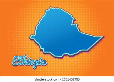 Retro map of ethiopia with halftone background. Cartoon map icon in comic book and pop art style. Cartography business concept. Great for kids design,educational game,magnet or poster design.