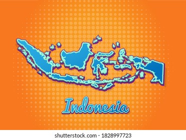 Retro-Karte von Indonesien mit halftonem Hintergrund. Cartoon-Karte Symbol im Comic-Stil und Pop-Art-Stil. Geschäftskonzept Kartographie. Ideal für Kinderdesign, pädagogisches Spiel, Magnet oder Plakatdesign.