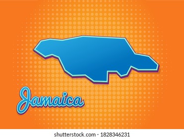 Mapa retro de jamaica con fondo de medio tono. Icono de mapa de dibujos animados en el estilo del libro de historietas y el arte pop. Concepto de negocio de la cartografía. Ideal para el diseño de niños, juegos educativos, imán o diseño de afiches.