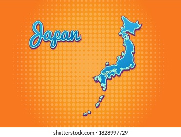 Retro map of Japan with halftone background. Cartoon map icon in comic book and pop art style. Cartography business concept. Great for kids design,educational game,magnet or poster design.