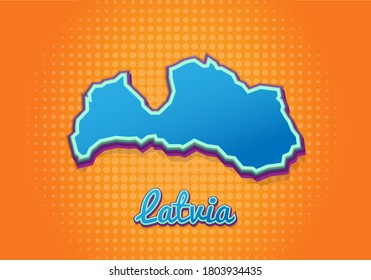 Retro map of Latvia with halftone background. Cartoon map icon in comic book and pop art style. Cartography business concept. Great for kids design,educational game,magnet or poster design.