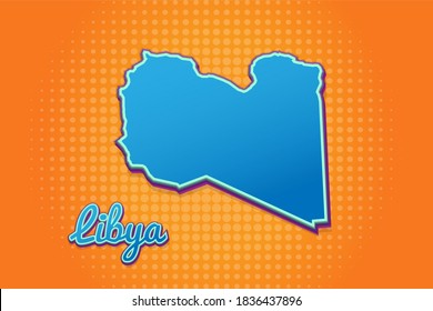Retro map of Libya with halftone background. Cartoon map icon in comic book and pop art style. Cartography business concept. Great for kids design,educational game,magnet or poster design.