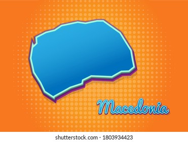 Retro-Karte von Macedonia mit halftonem Hintergrund. Cartoon Karte Symbol im Comic-Stil und Pop-Art-Stil. Geschäftskonzept Kartographie. Ideal für Kinderdesign, pädagogisches Spiel, Magnet oder Plakatdesign.