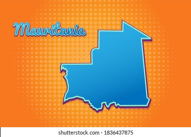 Mapa retro de Mauritania con fondo de medio tono. Icono de mapa de dibujos animados en el estilo del libro de historietas y el arte pop. Concepto de negocio de la cartografía. Ideal para el diseño de niños, juegos educativos, imán o diseño de afiches.