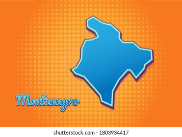 Retro map of Montenegro with halftone background. Cartoon map icon in comic book and pop art style. Cartography business concept. Great for kids design,educational game,magnet or poster design.