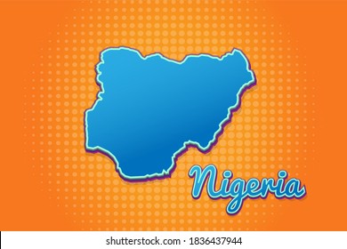 Mapa retro de Nigeria con fondo de medio tono. Icono de mapa de dibujos animados en el estilo del libro de historietas y el arte pop. Concepto de negocio de la cartografía. Ideal para el diseño de niños, juegos educativos, imán o diseño de afiches.