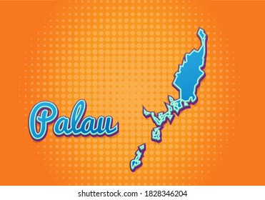Mapa retro de Palau con fondo de medio tono. Icono de mapa de dibujos animados en el estilo del libro de historietas y el arte pop. Concepto de negocio de la cartografía. Ideal para el diseño de niños, juegos educativos, imán o diseño de afiches.