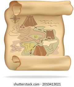 Retro map for robbers adventures. Island with old chest. Pirate map treasure, travel adventure. Geographic paper for searching gold coins. Adventurer attribute, navigation paper with travel path