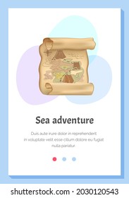 Retro map for robbers adventures. Island with old chest. Pirate map treasure, travel adventure. Geographic paper for searching gold coins. Adventurer attribute, navigation paper with travel path