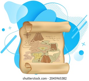 Retro map for robbers adventures. Island with old chest. Pirate map treasure, travel adventure. Geographic paper for searching gold coins. Adventurer attribute, navigation paper with travel path