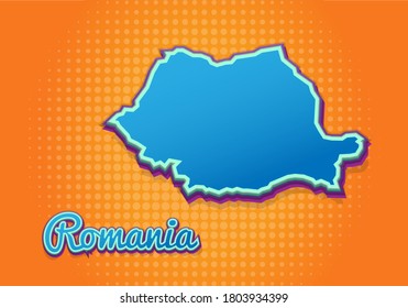 Retro map of Romania with halftone background. Cartoon map icon in comic book and pop art style. Cartography business concept. Great for kids design,educational game,magnet or poster design.