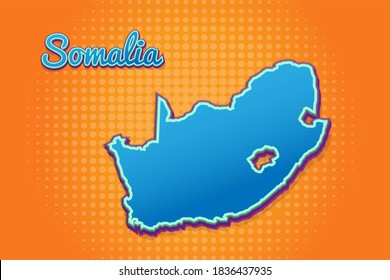 Retro map of Somalia with halftone background. Cartoon map icon in comic book and pop art style. Cartography business concept. Great for kids design,educational game,magnet or poster design.