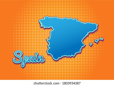 Mapa retro de España con fondo de medio tono. Icono de mapa de dibujos animados en el estilo del libro de historietas y el arte pop. Concepto de negocio de la cartografía. Ideal para el diseño de niños, juegos educativos, imán o diseño de afiches.