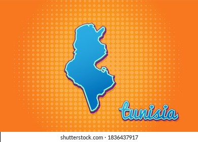 Retro map of tunisia with halftone background. Cartoon map icon in comic book and pop art style. Cartography business concept. Great for kids design,educational game,magnet or poster design.