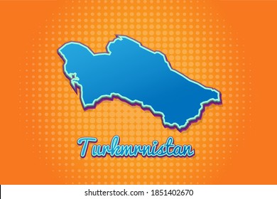 Retro map of Turkmrnistan with halftone background. Cartoon map icon in comic book and pop art style. Cartography business concept. Great for kids design,educational game,magnet or poster design.