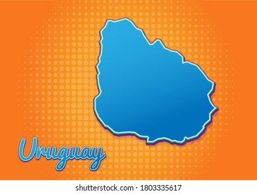Mapa retro de Uruguay con fondo de medio tono. Icono de mapa de dibujos animados en el estilo del libro de historietas y el arte pop. Concepto de negocio de la cartografía. Ideal para el diseño de niños, juegos educativos, imán o diseño de afiches.