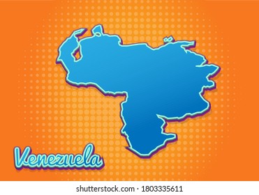 Mapa retro de Venezuela con fondo de medio tono. Icono de mapa de dibujos animados en el estilo del libro de historietas y el arte pop. Concepto de negocio de la cartografía. Ideal para el diseño de niños, juegos educativos, imán o diseño de afiches.