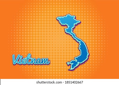 Retro map of Vietnam with halftone background. Cartoon map icon in comic book and pop art style. Cartography business concept. Great for kids design,educational game,magnet or poster design.
