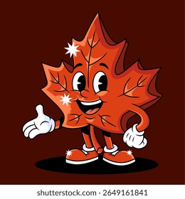 retro maple leaf cartoon Its timeless, cheerful design,excellent choice for branding, tourism, or any project needing a charming Canadian touch with a nostalgic feel.