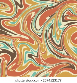 a retro marble vector background with flowing, wavy patterns in earthy tones like orange, mustard yellow, brown, cream, and hints of turquoise.