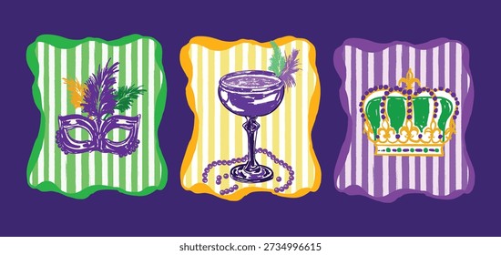 Retro Mardi Gras poster set featuring carnival icons like mask, beads, crown, jester hat, drum, maracas and fleur de lis in purple, green and gold. Perfect for party decorations, festival events and celebration designs.