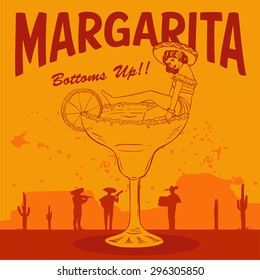 Retro margarita sign, Mexican lady in a margarita glass, vector