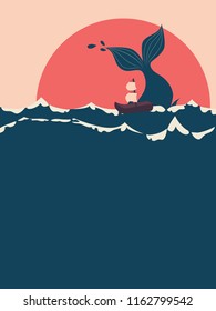 Retro marine themed illustration with whale silhouette in the ocean and boat, minimalist style.