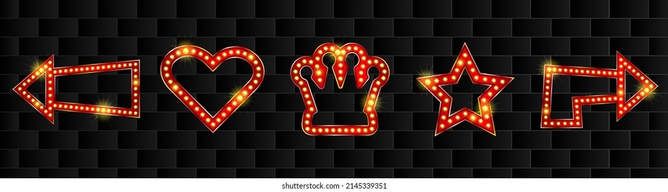 Retro marquee arrows with shiny bulbs. Glowing crown and heart with neon led for advertisement or promotion marketing materials.