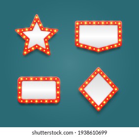 Retro marquee empty frames and arrow movie, casino and theater vanity icons for lamp mirror cinema artist makeup room.