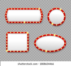 Retro marquee frames with light bulbs. Casino cinema banners with lights. Round and rectangular vintage billboard icons set.