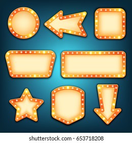 Retro marquee frames with light bulbs, vector. Neon marquee signs. Round, arrow, square, rectangular, star empty light frame. Vintage borders.