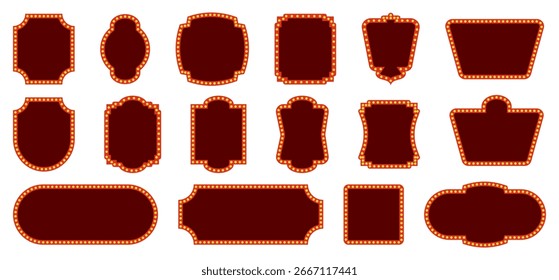 Retro marquee sign frames with glowing light bulbs for vintage advertising or decoration