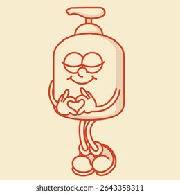 Retro mascotte fles. Hervulbare cosmetische pompfles voor lotion, serum, zeep. Eco-vriendelijke recyclebare kunststof, minimalistische spa esthetiek 