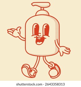 Retro mascotte fles. Hervulbare cosmetische pompfles voor lotion, serum, zeep. Eco-vriendelijke recyclebare kunststof, minimalistische spa esthetiek 
