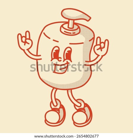 Retro mascot bottle. Refillable cosmetic pump bottle for lotion, serum, soap. Eco-friendly recyclable plastic, minimalist spa aesthetic 